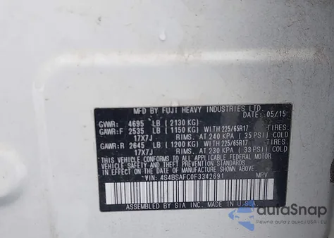 2015 Subaru Outback 2.5I Premium из США, поврежденный, VIN 4S4BSAFC0F3342691